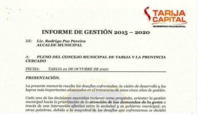 Informe de Gestión 2015 – 2020 presentado por el Lic. Rodrigo Paz Pereira