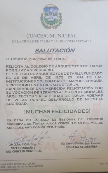 Salutación escrita al Colegio de Arquitectos de Bolivia y de Tarija por festejar 47 años de fundación.