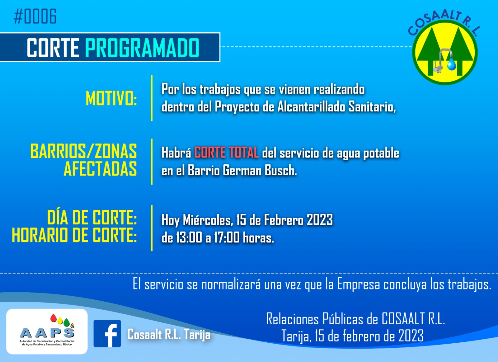 Corte Programado – 15 de Febrero