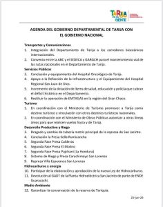 Agenda planteada por parte de la Gobernación de Tarija para trabajar con el nivel central del Estado